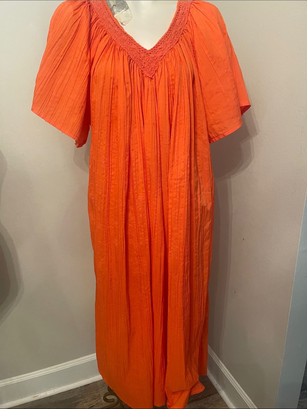 Bobbie Brooks Bright Orange Caftan Maxi Dress with V-Neck Crochet Trim